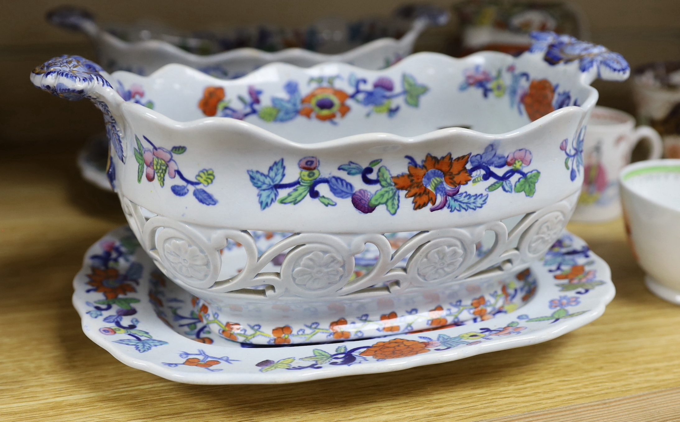 A pair of English ‘Japan Opaque’ china chestnut baskets and stands, c.1825, a Worcester 'dragons in compartments' saucer, Liverpool? coffee can a tea bowl, a pearlware jug etc.